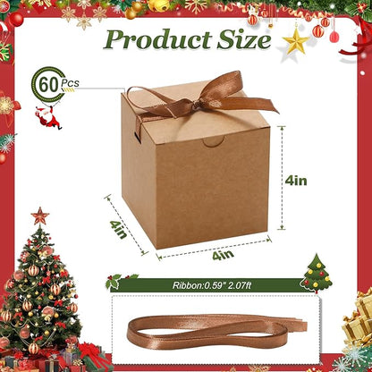 DOYIDE Small Gift Boxes, 60 Pcs 4x4x4 Inch Brown Elegant Paper Box with Ribbons, Party Favor Boxes for Candy Cupcake Christmas Wedding Baby Shower Bridesmaids Birthday