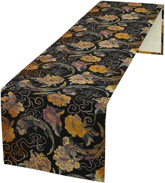 Japanese Table Runner Retro Flowers Oriental Tradition Kio Fish Art Printed Burlap Runner Home Kitchen Dining Table Living Room Decor Fabric 1 Panel W13xL60in