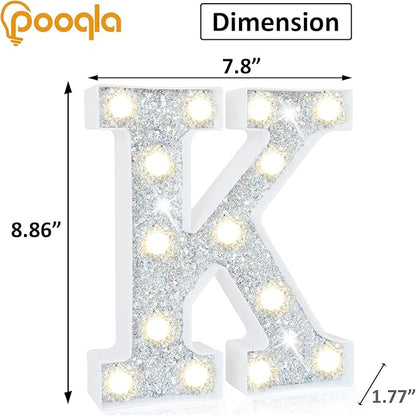 Pooqla Light Up Letters, LED Marquee Letters for Silver Birthday Decorations, Battery Powered Night Light Teenager Girl Room Decor, Gift for Girls Boys Wedding Bedroom Christmas Party Decor, Letter K
