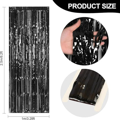 24 Pack Halloween Black Metallic Foil Fringe Curtains, 3.2ft x 8.2ft Foil Fringe Curtain Backdrop Foil Streamers Party Supplies Tinsel Curtain Backdrop for Parties/Halloween/Photo Booth