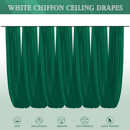 6 Panels Emerald Green Ceiling Drapes for Wedding 5ftx10ft Chiffon Fabric Arch Draping Curtains Sheer Drapery for Party Ceremony Birthday Baby Shower Reception Stage Swag Ceiling Decorations