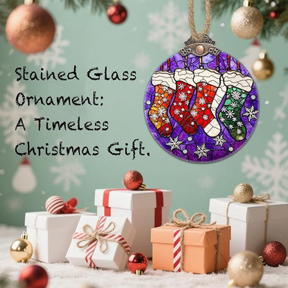 Stained Glass Christmas Decorations, Colorful Socks Suncatcher for Window Christmas Tree Hanging Ornaments Silver Snowflake Sun Catcher Xmas Decor Gifts for Women Men Mom Nana Friend