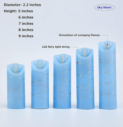 danip LED Flameless Candle with Embedded Star String, 5 Piece LED Candle with 10 Button Remote Control, 24 Hours Timer Function, Dancing Flame, Real Wax, Battery Powered. (Sky Blue)