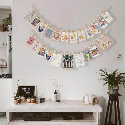 2PCS Hanging Photo Display with Clips, Photo String with 12 Clips, Boho Wooden Bead Garland Collage Picture for Classroom, Bedroom, Office Wall Decor