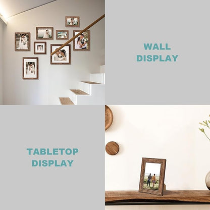 9x12 Picture Frame Set of 4 with Tempered Glass, Wooden Rustic Frame Display 6x8 Pictures with Mat or 9 x 12 Without Mat, Photo Frame for Wall Mount and Tabletop Display