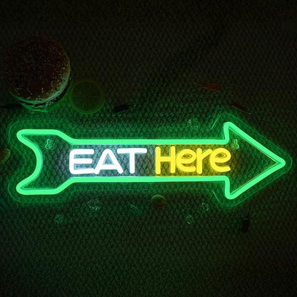 Looklight Eat Here Arrow Neon Sign Dimmale Neon Lights For Wall Decor Led Lights For Home Kitchen Restaurant Bar Party Decor USB Powered 16.6x5.5in