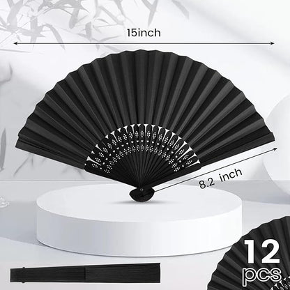 JOHOUSE 12 Packs 8.2 Inch Black Chinese Paper Foldable Hand Fan for Women - Wedding, Bridal Shower, Outdoor Party Favors, DIY Home Decor