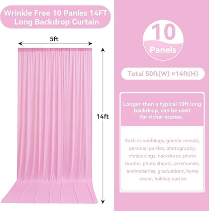 50ftx14FT Wrinkle Free Pink Backdrop Curtain, 10 Panels 14FT Height Pink Wedding Backdrop Drapes, Silky Polyester Back Drop Cloth for Birthday Photography Background Party Backdrop Draping