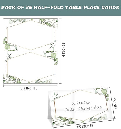 Gold Foil Greenery Table Place Card, 25 Pcs Tent Style Cards Set with Green Eucalyptus, Editable Name Cards for Table Seating, Food Lables for Birthday Party, Baby Shower, Wedding, Bridal Shower(12)