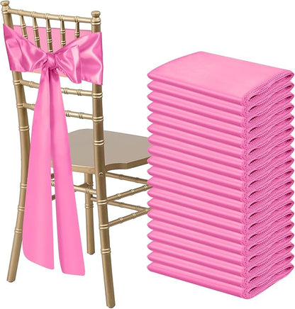 50 PCS Pink Satin Chair Sashes Bows Universal Chair Ribbon Ties Back Sash for Wedding Party Reception Events Banquets Hotel Event Chair Cover Decoration (7x108 inch)