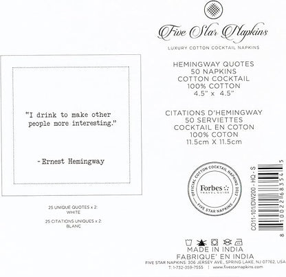 Five Star Napkins Hemingway Quotes, White Cotton Cocktail Napkins, Beverage Napkins, Bar Napkins, Cloth Napkins, Party Napkins, Events, Holidays, Weddings, Birthdays, Disposable, 4.5" x 4.5"- (50x)