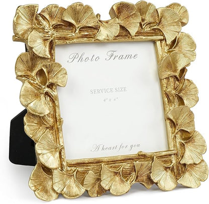 Cuspin 4x4 Picture Frame Small Gold Frames, Vintage Ornate Leaf Textured Hand-Crafted Resin with Glass Front, Antique Photo Frame for Tabletop Display, Retro Design Home Decor