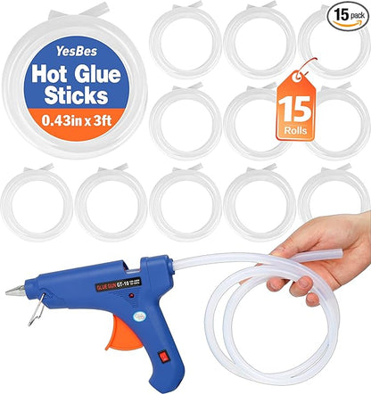 15 Rolls Hot Glue Sticks, Each Full Size 3 FT Long x 0.43" Diameter Glue Sticks for Glue Gun, Widely Used in Wood, Metal, Glass, Plastic, Floral, Fabric, and More