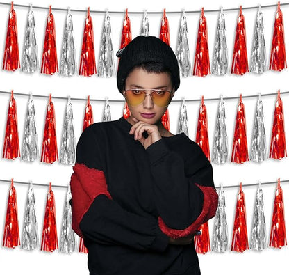 3P Metallic Fringe Tassel Banner Garland Foil Tinsel Streamer Wall Hanging Curtain Backdrop Banner for Parade Floats,Halloween Decorations, Christmas Day, Wedding Party Decoration(Red Silver)