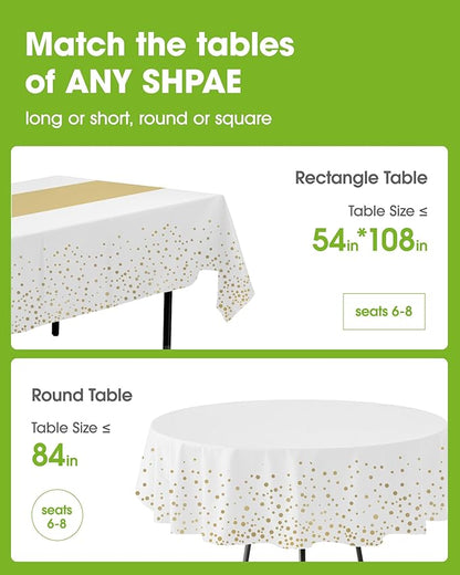 Pureegg Plastic Table Cloth Disposable 10 Pack, 54 x 108 Inch, Table Runner Style, Graduation Decorations 2025, Party Tablecloths, Rectangle, Plastic Cover, Leakproof & Sturdy, White Gold