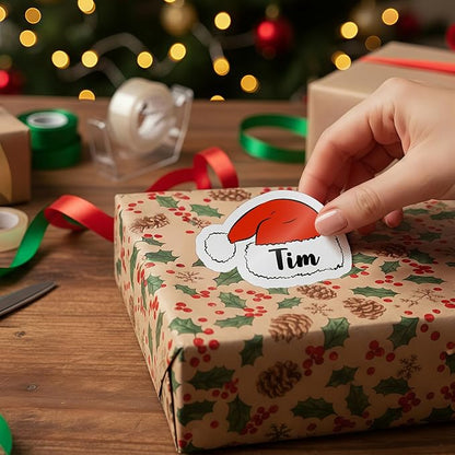 Personalized Christmas Stickers, Custom Name Waterproof Christmas Gift Tags for Gift Box Holiday Decorations, Stockings, Party Favors (Cute Santa Hat)