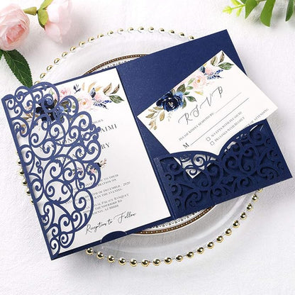 PONATIA 5.12 x 7.2 Laser Cut Invitation Pocket, 20PCS Tri-Fold 5 x 7 Laser Cut Wedding Invitation Pockets with Envelopes for Wedding Bbay Shower Birthday Sweet 16 Invite (Navy Blue, No Inner Sheet)