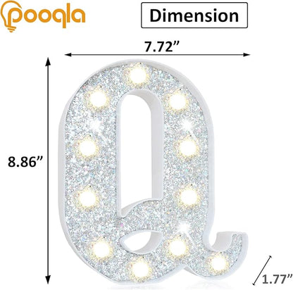 Pooqla Light Up Letters, LED Marquee Letters for Silver Birthday Decorations, Battery Powered Night Light Teenager Girl Room Decor, Gift for Girls Boys Wedding Bedroom Christmas Party Decor, Letter Q