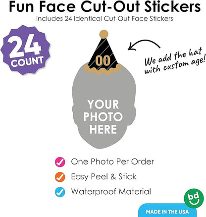 Big Dot of Happiness Custom Photo Adult Happy Birthday - Black & Gold Personalized Birthday Party Favors - Fun Face Cut-Out Stickers - Set of 24
