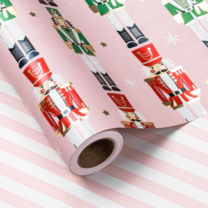 LeZakaa Christmas Pink Wrapping Paper Mini Roll for Kids, Pink Metallic Foil Gift Wrap Paper with Red & Green Nutcracker Soldier & Stripe Reversible Design, 17 inches x 32.8 Feet