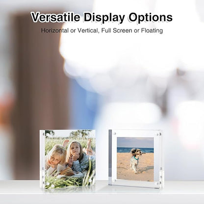 HOUSE DAY Acrylic Picture Frames 4x4, 6 Pack Magnetic 4 x 4 Picture Frame, Double Sided Clear 4x 4 Photo Frame with Microfiber Cloth, Frameless FreeStanding 4x4 Frame Gift for Desktop Display