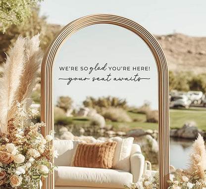 Wedding Sign Decal, Seating Chart Decal, Welcome Vinyl Wedding Mirror Decor, We're So Glad You're Here Seating Chart, Your Seat Awaits (Black, Width 20 inch)