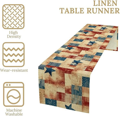 4th of July Table Runner, Rustic Vintage Country Red White Blue American Stars Independence Day Print Table Cover for Farmhouse Kitchen Dining Table Decor, 13x108inch