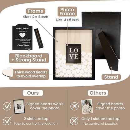 Wedding Guest Book Alternative, Registry Item,12x16 Picture Frame, 70 Pcs Welcome Sign, Gift, White Hearts, Baby Shower Registry, Anniversary, Funeral, Memories (Black)
