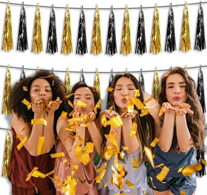 3P Metallic Fringe Tassel Banner Garland Foil Tinsel Streamer Wall Hanging Curtain Backdrop Banner for Parade Floats,Graduation Decorations, Father's Day,New Years Party Decoration(Black Gold)