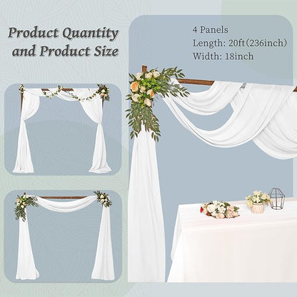 4 Panels Wedding Arch Draping Fabric 28" x 20Ft Wedding Arch Drapes Chiffon Fabric Drape Sheer Backdrop Curtain for Weddings Party Swag Ceremony Birthday Arbor Drapery Reception Ceiling Decor(White)