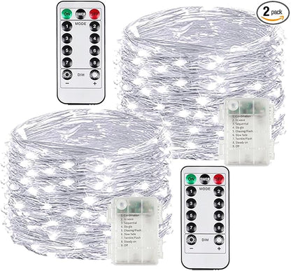 2 Pack 100LED Battery Operated Fairy Lights with Remote, 8 Modes LED String Lights with Timer, Dimmable, Memory Function, Waterproof Twinkle Lights for Outdoor Indoor Christmas Decor(Cool White)