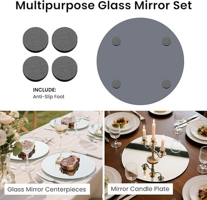 Round Mirror Centerpieces, Set of 12 Pcs 12" Round Glass Mirror Centerpieces for Tables, with Anti Slip Pads, Glass Trays for Wedding Decorations, Parties, Baby Shower Party