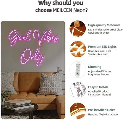 Good Vibes Only Neon Signs for Wall Decor -56.57" x 13.5" Pink large Neon Sign LED Art Decorative Lights with Dimmable for Bedroom Home, Club Bar and Party Decor