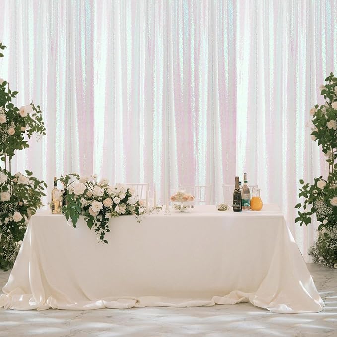 Sugargirl White Iridescent Sequin Backdrop Curtain 4 Panels 2FTx8FT Glitter White Iridescent Background Drapes Sparkle Photography Backdrop for Party Wedding Birthday Wall Decoration
