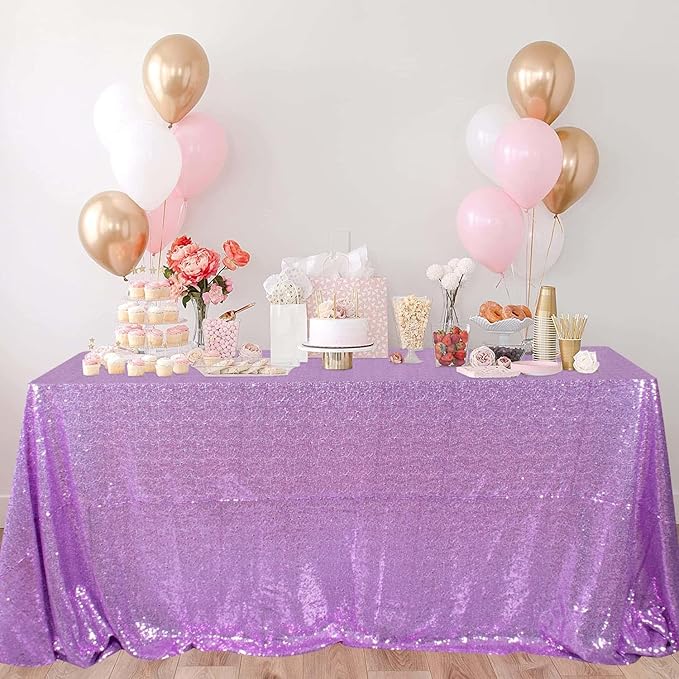 ShinyBeauty Lavender Table Cloths for Party 2 Packs, 72X72 Inch Sequin Tablecloths Square Shimmer Tablecloth Overlay Lilac Tablecloths Rectangular for Wedding, Birthday Tables