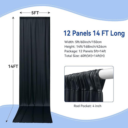 60×14ft Wrinkle Free Black Backdrop Curtain for Parties Wedding,12 Panels 5×14ft Height Soft Silky Polyester Photo Backdrop Drapes for Birthday Graduation Photography Stage Event Background Cloth