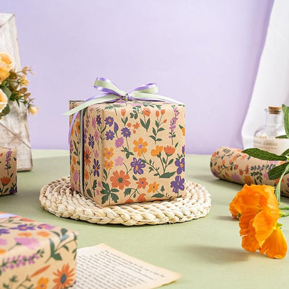 WRAPAHOLIC Kraft Floral Wrapping Paper Roll - Mini Roll - 17 Inch x 33 Feet - Vintage Flower Wrapping Paper, Perfect for Wedding, Birthday, Bridal Shower, Tea Party