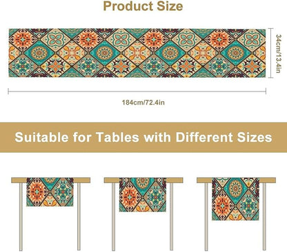 Bohemian Patchwork Table Runnerboho Colorful Tile Patchwork Indian Floral Print Table Runner for Home Kitchen Indoor Outdoor Party Wedding Decor, 13x108inch