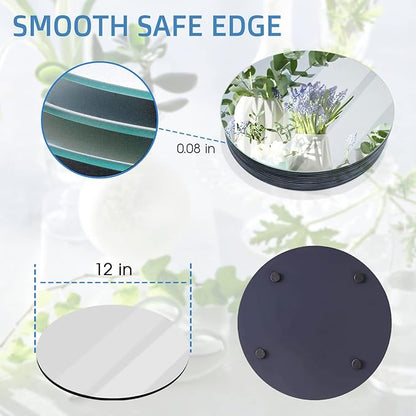 VASUHOME 12" Round Mirror Centerpieces for Tables, Glass Circle Mirror Plates with Smooth Edge and Cushioned Feet, Ideal for Wedding and Party Decorations, 2mm Thick