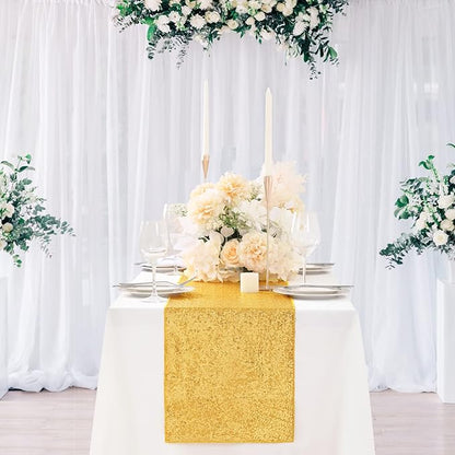 Gold Table Runners 10 Packs 12x108 Inches Sequin Dining Glitter Table Runner for Wedding Baby Shower Party Birthday Supplies Decorations