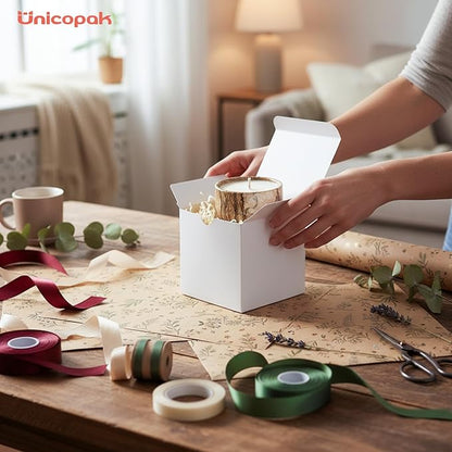 UnicoPak 50 Pack 4x4x4 White Gift Boxes, Elegant Small Gift Boxes with Lids for Birthday Wedding Holiday Christmas, Gift Box for Ornaments Treats Candle Mug Crafting