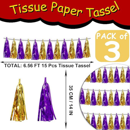 3P Purple Gold Metallic Fringe Tassel Banner Garland Foil Tinsel Streamer Wall Hanging Curtain Backdrop Banner for Parade Floats, Graduation Decorations, Halloween, Christmas Decorations