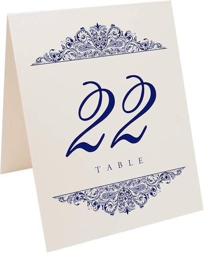 Paisley Wedding Table Numbers (Select Color/Quantity), Champagne, Navy, 1-150, Double Sided, Tent or Use in a Stand, Great for Parties & Restaurants - Made in the USA