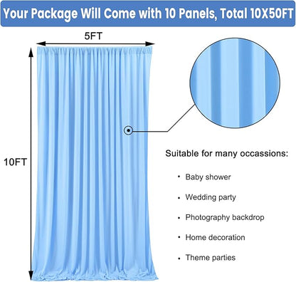 50 ft x 10 ft Wrinkle Free Blue Backdrop Curtain Panels, Polyester Photography Backdrop Drapes, Wedding Party Home Decoration Supplies