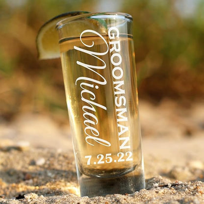 Custom Engraved 2 oz Shot Glass – Personalized Etching – Groomsman & Bridesmaid Gift – Wedding Favor Set of 8