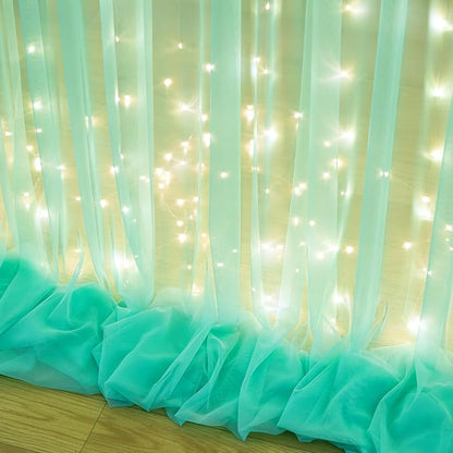 Sage Green Tulle Backdrop Curtains with Lights String for Parites 10x10ft Sheer Backdrop Curtains Drapes for Birthday Party Bridal Shower Baby Shower Christmas Wall Photo Booth Background Decorations