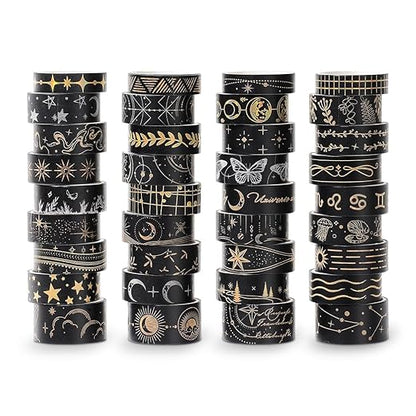 36 Rolls Glow-in-The-Dark Starry Washi Tape Set with Gold Foil Celestial Patterns - Writeable Decorative Tapes for Scrapbooking, Bible Journaling, Bullet Journals 0.6" x 79" per Roll