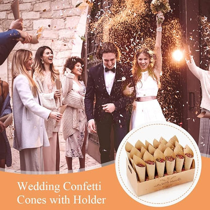 30 Pieces biodegradable confetti Cones and Stand Tray Paper Cone Box 30 Holes Suitable Placing Dried Flower Petals Confetti for Wedding, Engagement, Party, Birthday (Kraft)