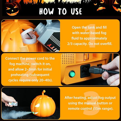 Fog Machine with LED RGB Lights, 800W Halloween Fog Machine with Remote Control, Pumpkin Smoke Machine 12 Colors Lighting Effect for Halloween Band DJ Show Club Outdoor Camping, 4 Pack