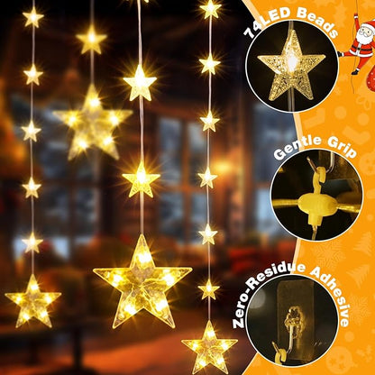 46 Stars Christmas Window Lights, IP65 Waterproof 74 LEDs Twinkle Star Curtain Lights with 8 Modes Timer, Warm White Battery Operated Hanging Christmas Star Decoration for Indoor Outdoor Xmas Bedroom
